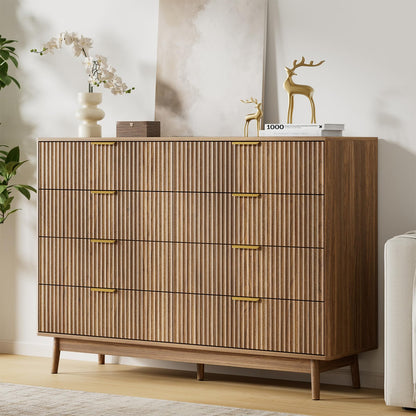 LYNSOM 55" Wide Fluted Dresser for Bedroom with 6 Drawer, Modern Chest of Drawers with Curved Profile Design and Metal Handles, Wood Dresser TV Stand & Storage Organizer for Living Room, Walnut