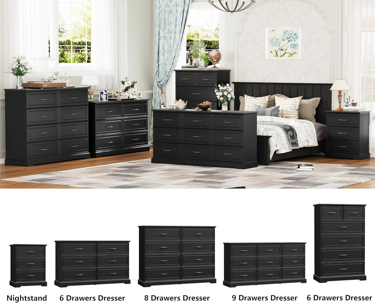 Black Nightstand Set of 2,24" Wide End Table with 3 Large Drawers & Metal Handles,Rustic Farmhouse Wood Small Dresser,Bedside Table,Modern Chest of Drawers for Bedroom,Living Room