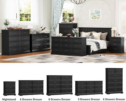 Black Nightstand Set of 2,24" Wide End Table with 3 Large Drawers & Metal Handles,Rustic Farmhouse Wood Small Dresser,Bedside Table,Modern Chest of Drawers for Bedroom,Living Room