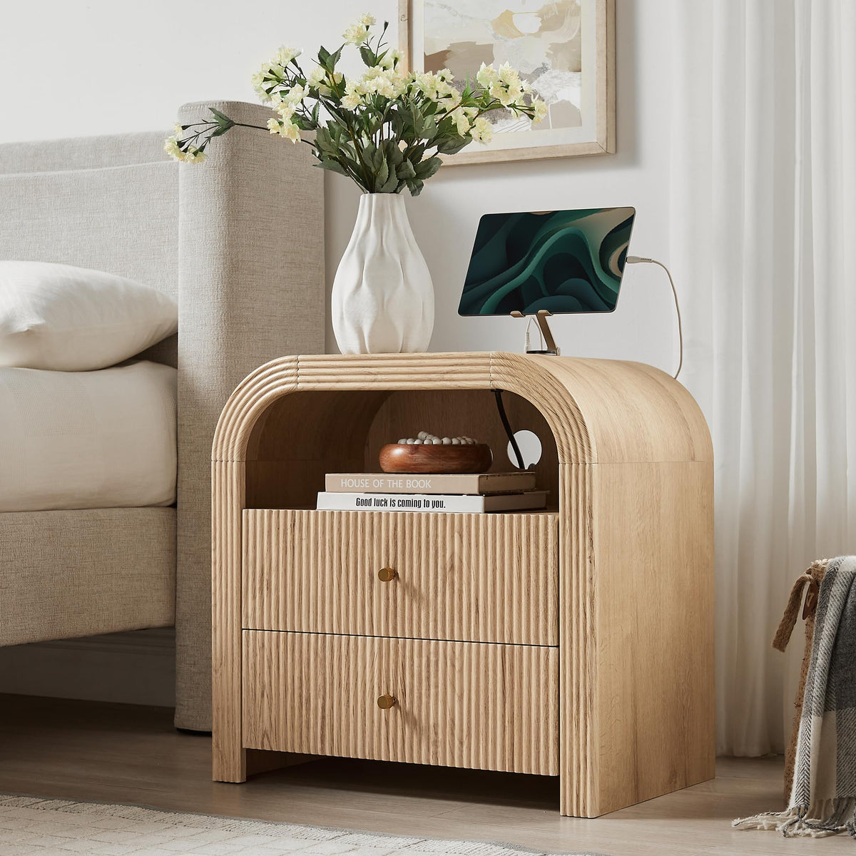T4TREAM 24" Fluted Nightstand Set of 2 with Charging Station, Dark Walnut