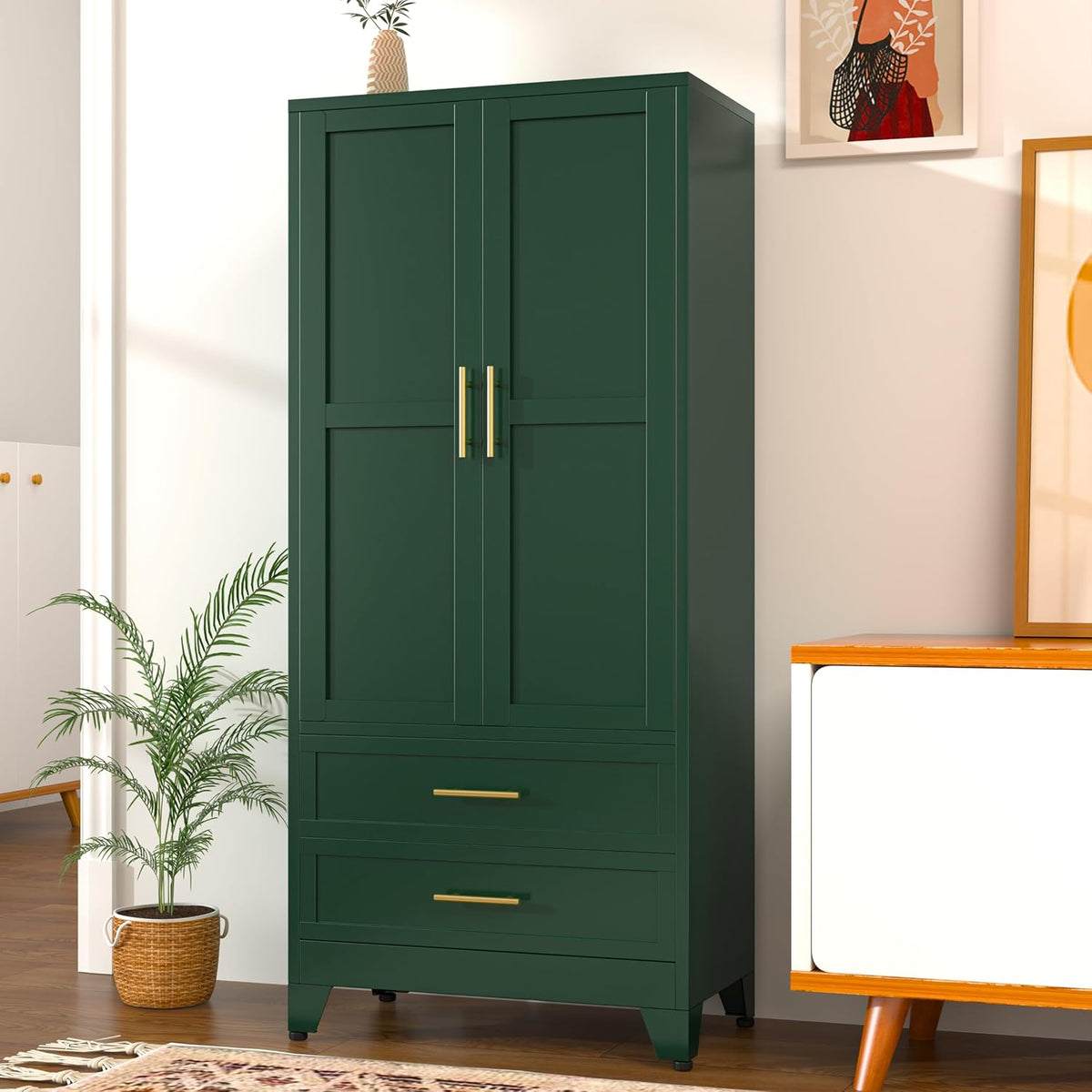 71" Metal Armoire Wardrobe Closet, Tall Clothing Storage Cabinet, Green