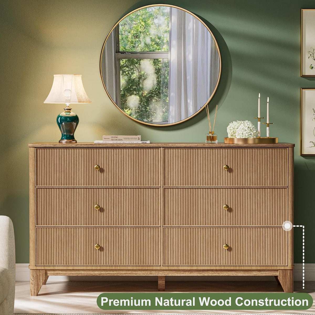 INNOD Fluted 6 Drawers Dresser, 54" Wide Modern Chest of Drawers with Round Corners, Wooden Dresser TV Stand, Wood Drawer Organizer for Bedroom, Living Room, Hallway