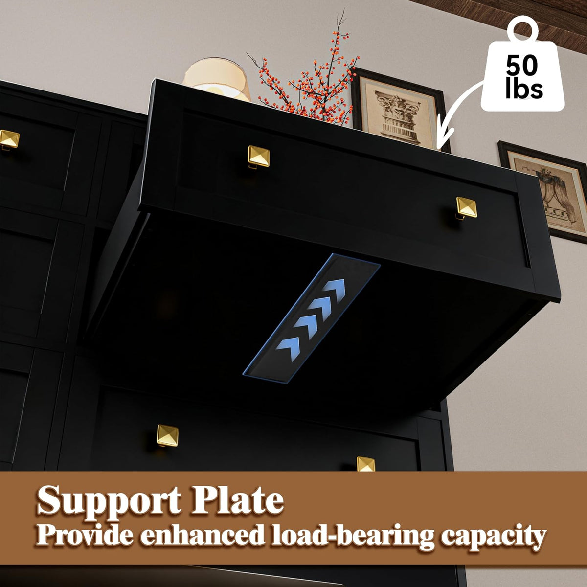 Black Dresser for Bedroom with Power Outlets Wide Wooden Dresser with 8 Drawer and Metal Handle Large Clothing Storage for Bedroom