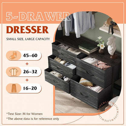 WLIVE Black Dresser for Bedroom, 5 Fabric Chest of Drawers