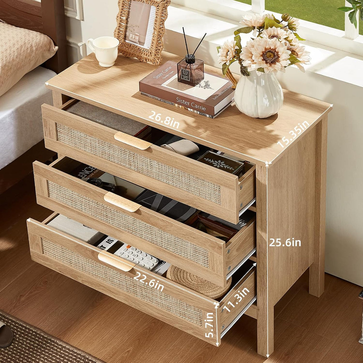 LEYAOYAO 26.8" Wide Rattan Nightstand, Large Boho 3 Drawer Night Stand