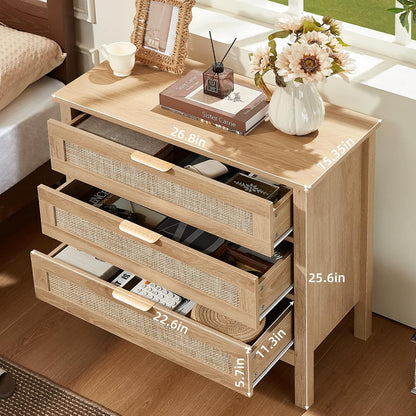 LEYAOYAO 26.8" Wide Rattan Nightstand, Large Boho 3 Drawer Night Stand