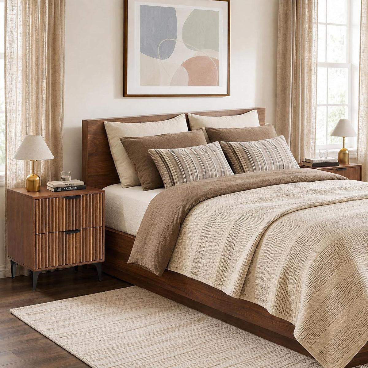 Walnut Fluted Nightstand Set of 2, Modern Night Stands with 2 Drawers