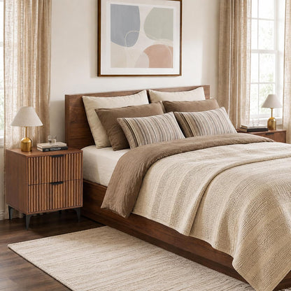 Walnut Fluted Nightstand Set of 2, Modern Night Stands with 2 Drawers