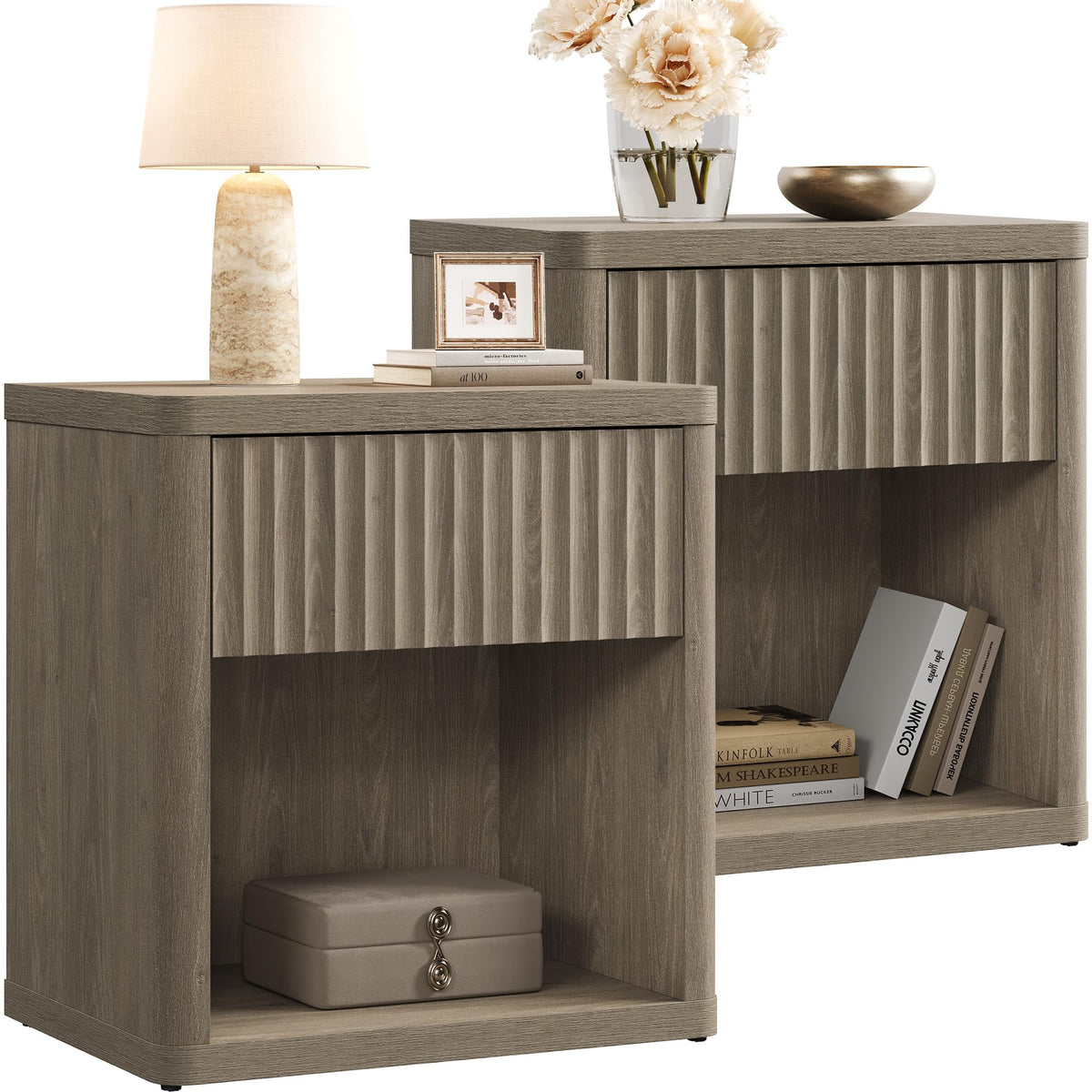 SICOTAS Night Stand Set of 2 Nightstands with Drawer Storage Fluted Bed Side Table End Table Large Modern Wide Bedside Stand Mid Century Night Stands for Bedroom Living Room Sofa Office, White Alder
