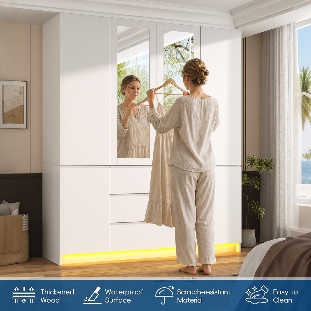 75" Tall Modern Wardrobe Closet with 2 Mirrors,LED Lights, 63"W Armoire Wardrobe Cabinet with 3 Drawers, Hanging Rod,Shelves, Freestanding Bedroom Storage Closet, Wooden Clothing Organizer, White