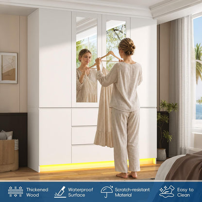 75" Tall Modern Wardrobe Closet with 2 Mirrors,LED Lights, 63"W Armoire Wardrobe Cabinet with 3 Drawers, Hanging Rod,Shelves, Freestanding Bedroom Storage Closet, Wooden Clothing Organizer, White
