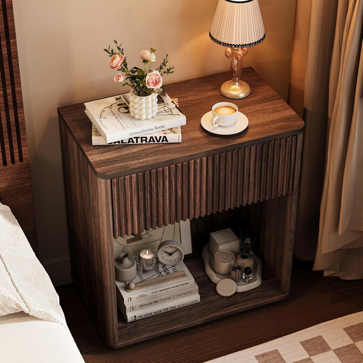Modern Fluted Nightstand Set of 2 for Bedroom, Mid Century Bedside Table with Drawer & Open Shelf, Wood End Table, Farmhouse Night Stand for Home, Hallway, Office, Walnut