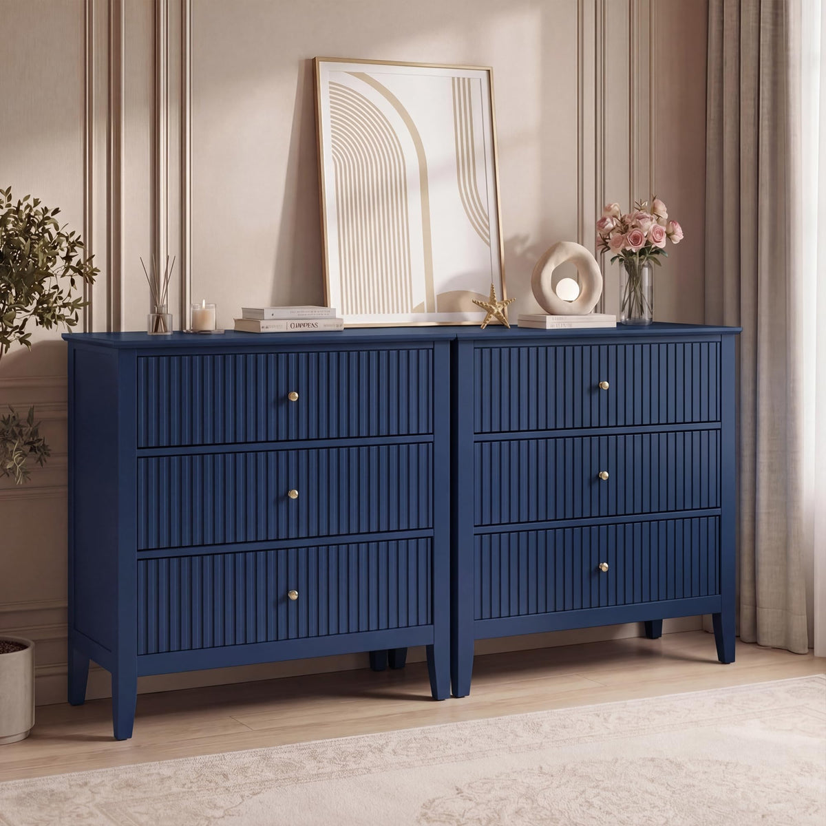 RoyalCraft 6 Drawer Dresser, Fluted Modern Wood Chest of Drawers, Long Dresser for Bedroom TV Stand Storage Cabinet for Living Room, Blue