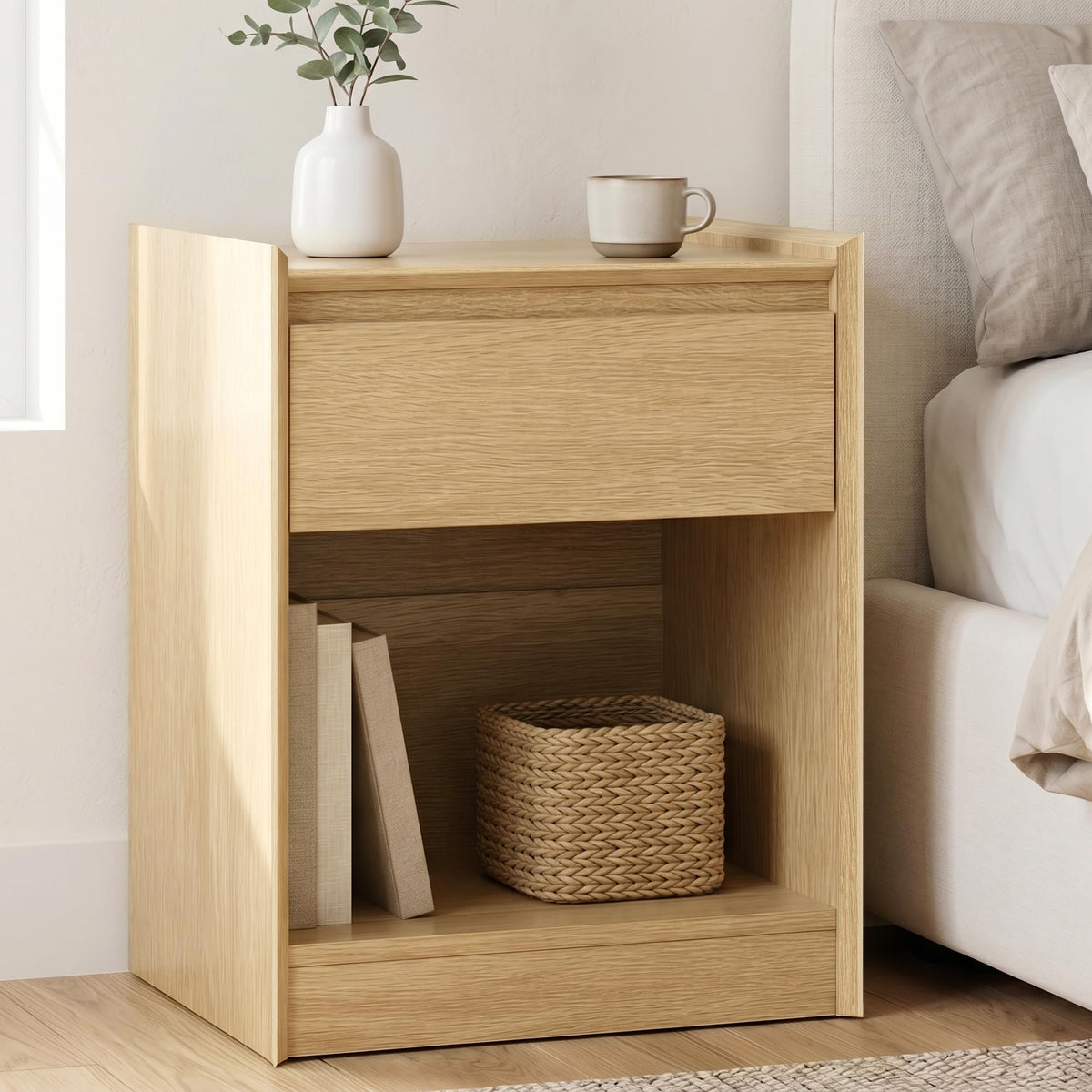 Black Nightstand with Charging Station, 24"H, 2 Drawers & Shelf
