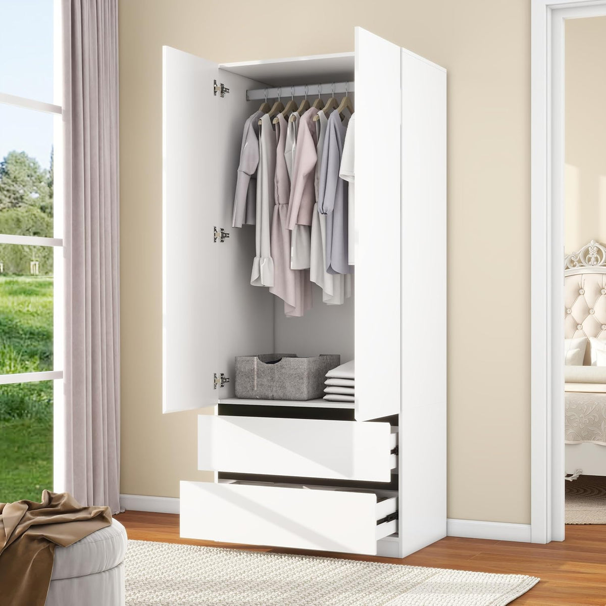White Armoire Wardrobe Closet with 2 Drawers: 75" H x 31.5" W