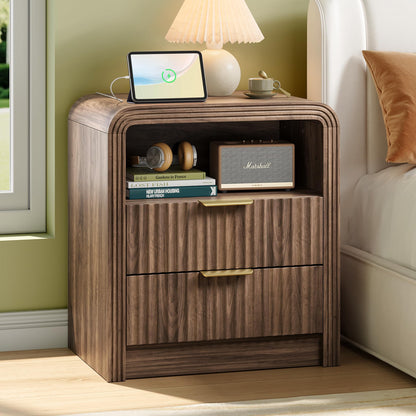 Decofy Fluted Nightstand Set of 2 with Charging Station, 2 Drawers, Walnut