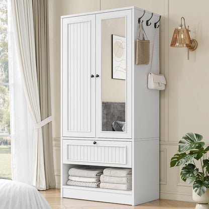 Feonase Armoire Wardrobe Cabinet with Mirror and Drawer, 70" 2-Door Wooden Closet Organizer for Bedroom Storage, White