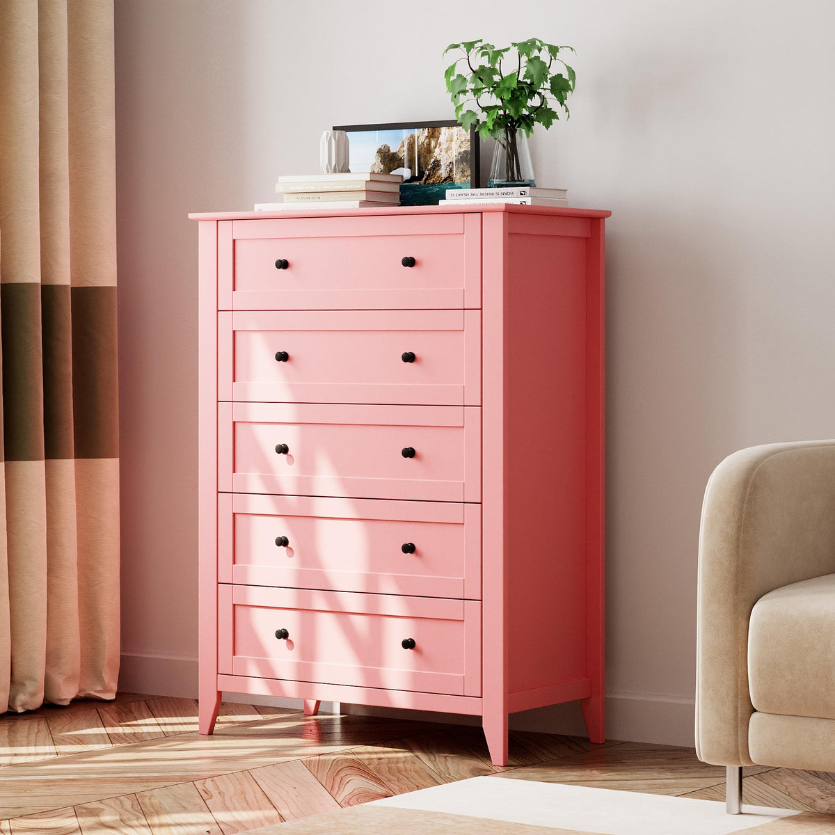 Garvee 5 Drawer Dresser for Bedroom, Modern Tall Chest of Drawers with Metal Knobs, Wooden Clothes Storage Organizer for Closet, Nursery, Living Room, Apartment, Green