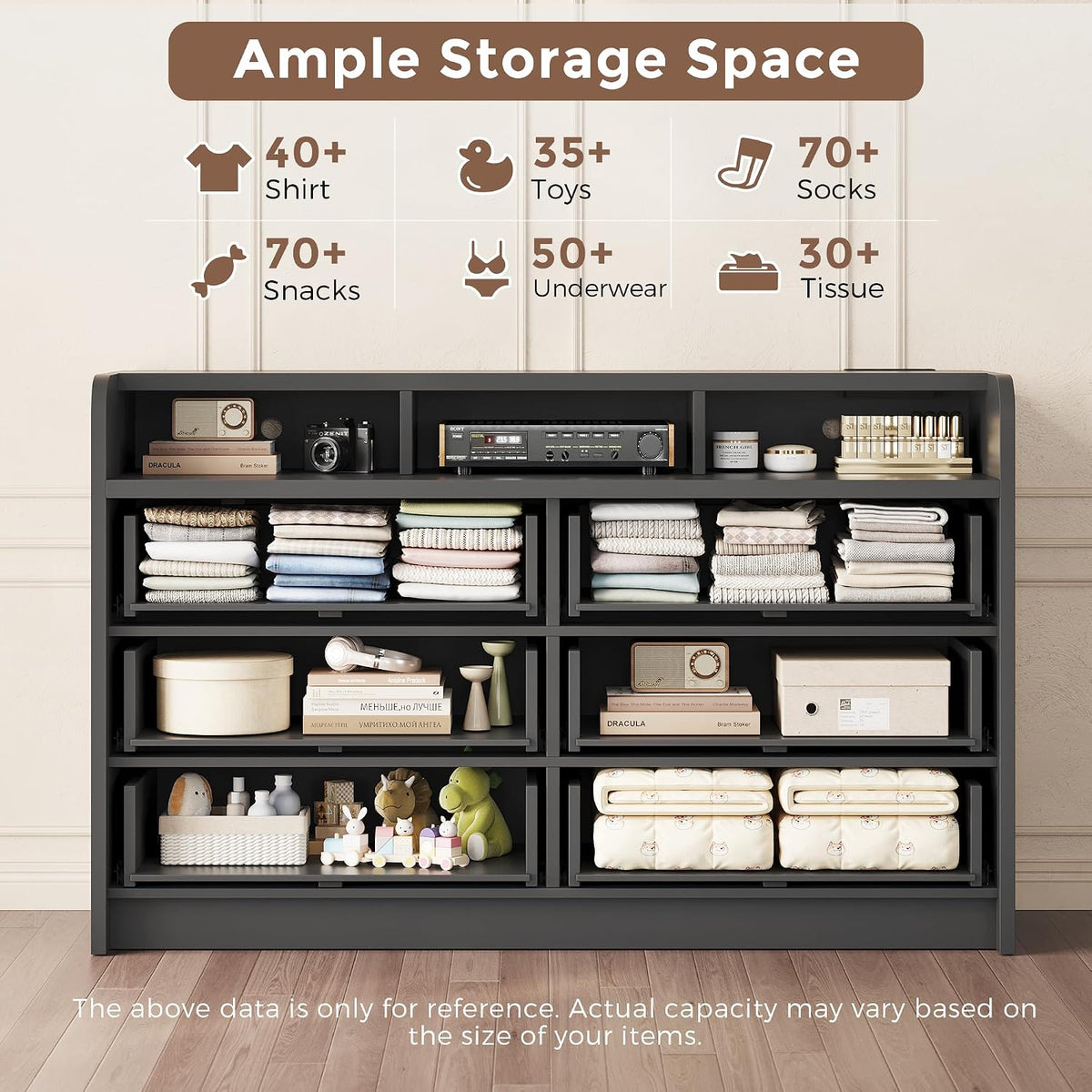 MapleGrace 53'' Wide 9 Drawer Dresser for Bedroom, Wood TV Stand Dresser with Power Outlets & LED Light, Chest of Drawers Closet Store Organizer for Living Room, Hallway, Black