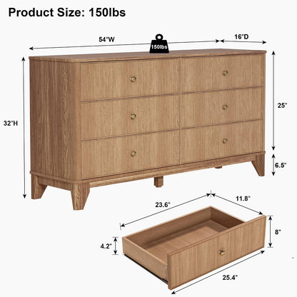 INNOD Fluted 6 Drawers Dresser, 54" Wide Modern Chest of Drawers with Round Corners, Wooden Dresser TV Stand, Wood Drawer Organizer for Bedroom, Living Room, Hallway