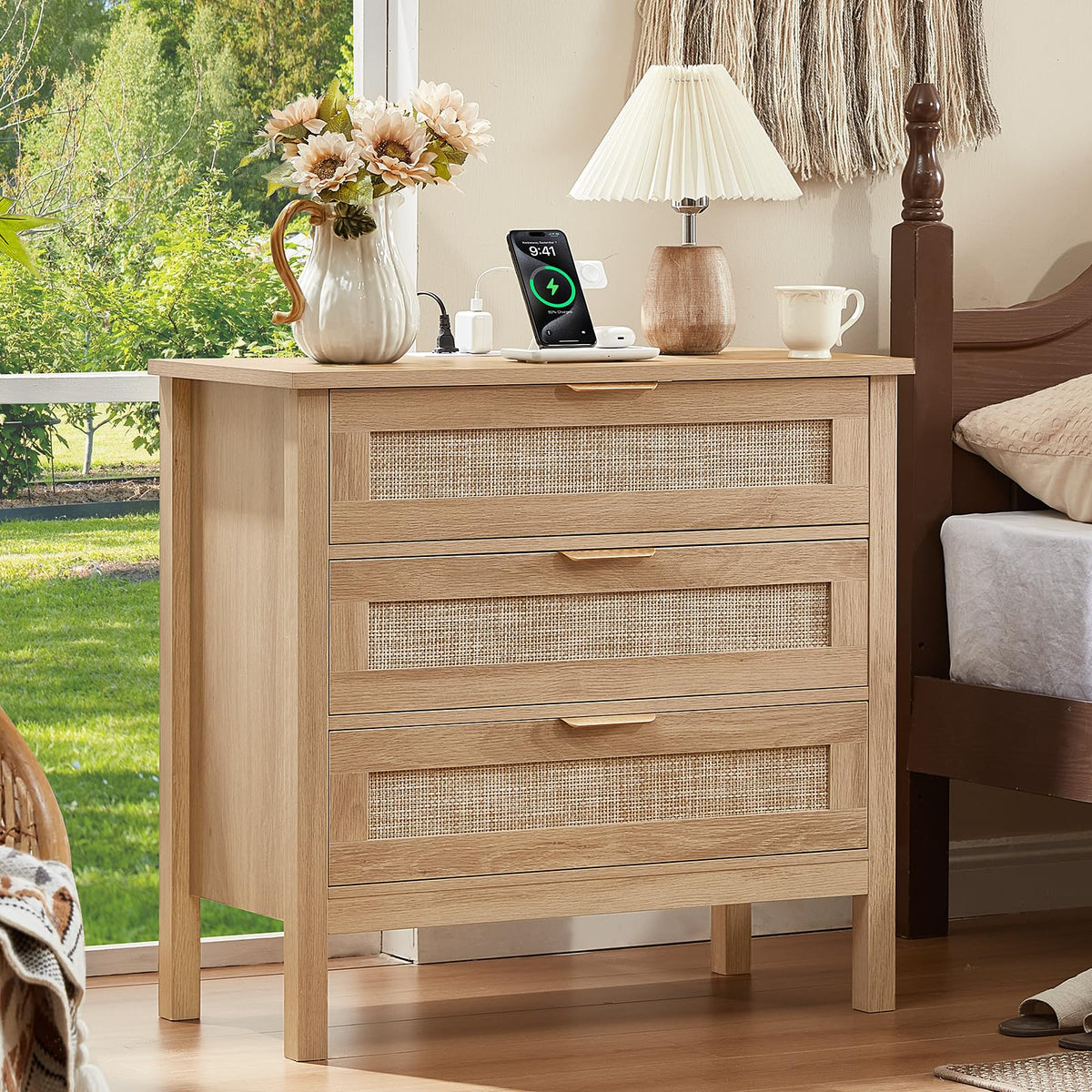 LEYAOYAO 26.8" Wide Rattan Nightstand, Large Boho 3 Drawer Night Stand