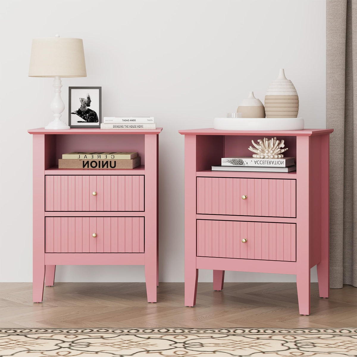 RoyalCraft 32" Large Nightstand Set of 2, Fluted Painted Bedside Table with 3 Spacious Drawers, Modern Tall End Table for Bedroom, Beige