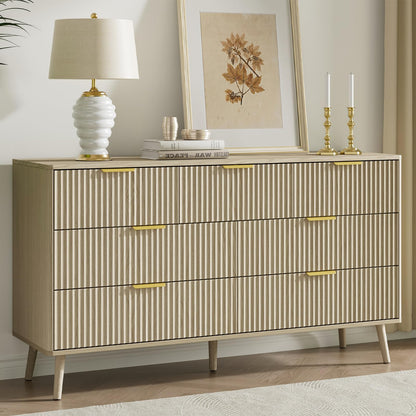 LYNSOM 55" Wide Fluted Dresser for Bedroom with 6 Drawer, Modern Chest of Drawers with Curved Profile Design and Metal Handles, Wood Dresser TV Stand & Storage Organizer for Living Room, Walnut