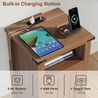 Decofy Farmhouse Nightstand with Charging Station, Set of 2,Walnut