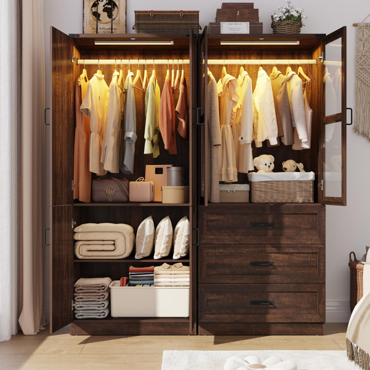 75" Tall Farmhouse 2 Doors Armoire Wardrobe Closet with 3 Drawers and LED,Freestanding Closet Wardrobe Cabinet for Bedroom with Hanging Rod,Wooden Armoire Storage Cabinet with Adjustable shelve(Black)