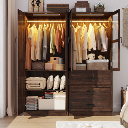 75" Tall Farmhouse 2 Doors Armoire Wardrobe Closet with 3 Drawers and LED,Freestanding Closet Wardrobe Cabinet for Bedroom with Hanging Rod,Wooden Armoire Storage Cabinet with Adjustable shelve(Black)