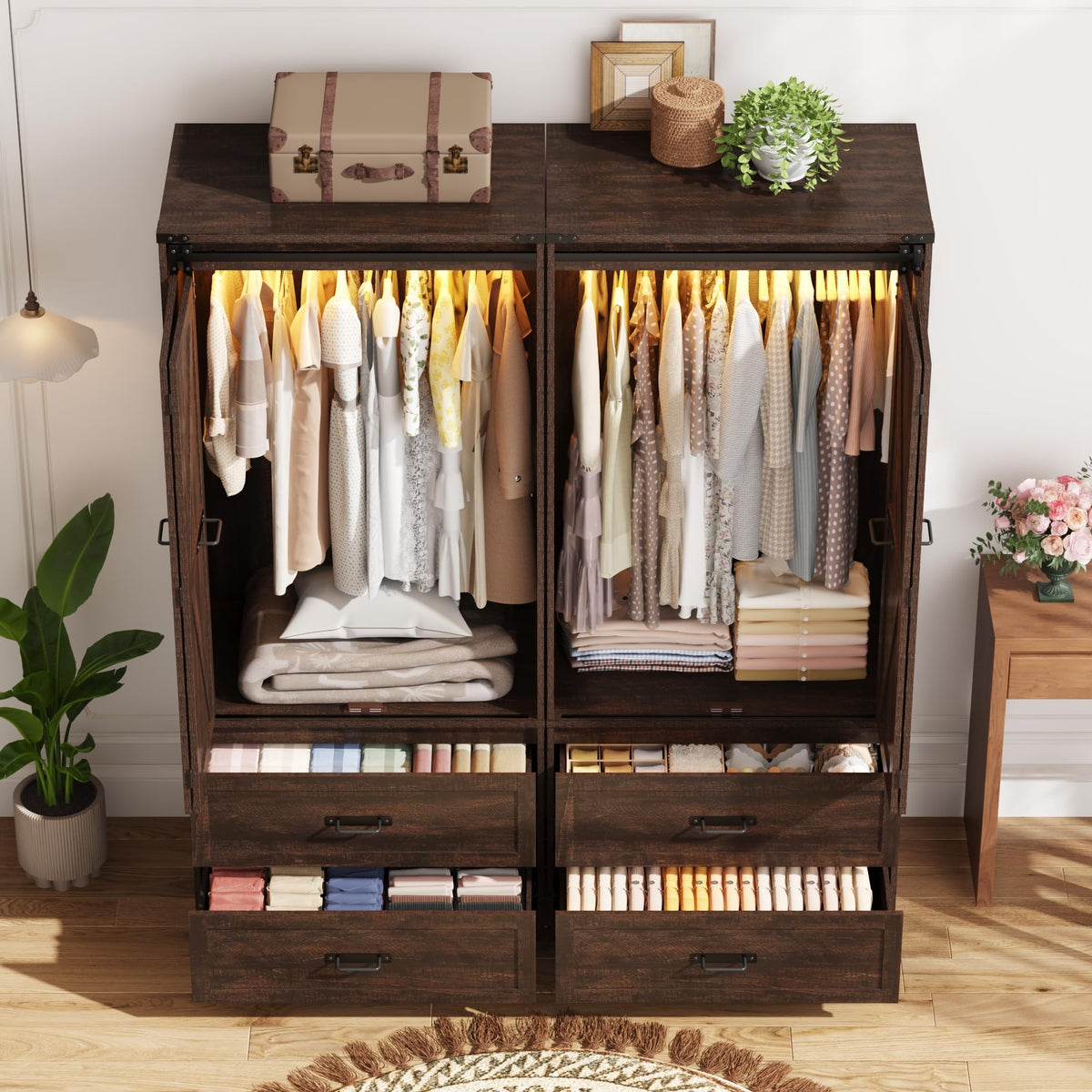 2 Doors Armoire Wardrobe Closet w/ Folding Sliding Barn Door,Rustic Black