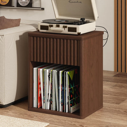 Fluted Nightstands Set of 2 w/Charging Station, Wooden End Table Bed Side Table with Curved Drawer, Mid Century Modern Fluted Night Stand with Rounded Edge for Bedroom, Living Room Sofa, Walnut