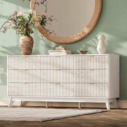63" Wide Fluted 9 Drawers Dresser for Bedroom,Curved Edge,Oak