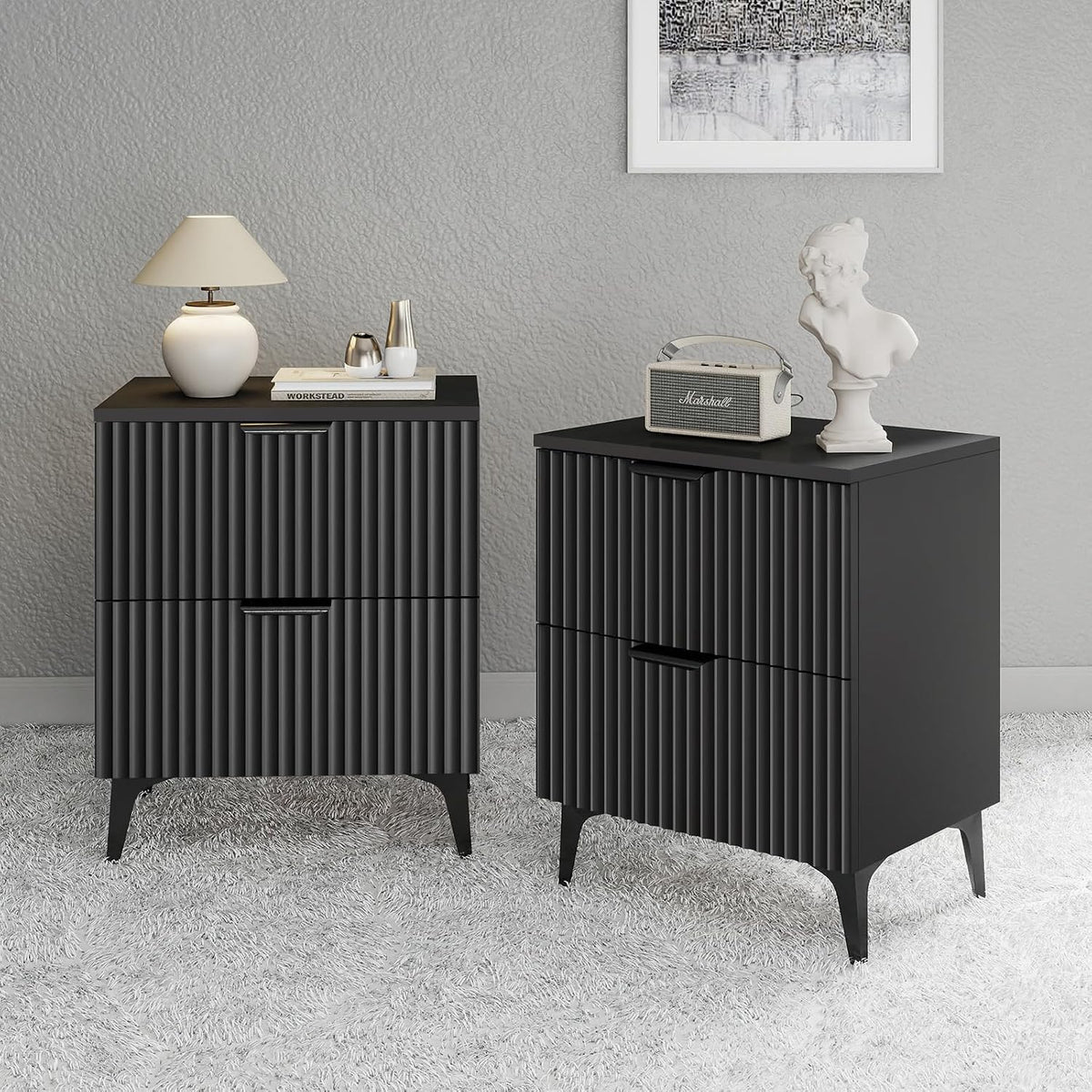 Wood Nightstand Set of 2, Fluted Bedside Tables with 2 Drawers