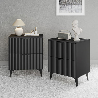 Wood Nightstand Set of 2, Fluted Bedside Tables with 2 Drawers