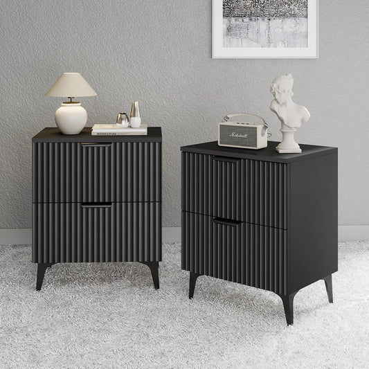 Wood Nightstand Set of 2, Fluted Bedside Tables with 2 Drawers
