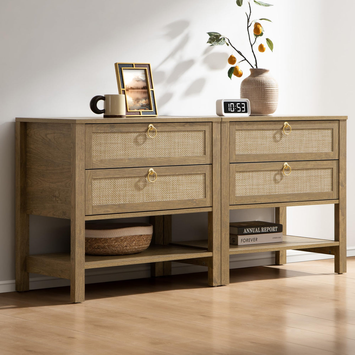 SICOTAS White Rattan Nightstand Set of 2, Wide Bedside Table with 2 Drawers