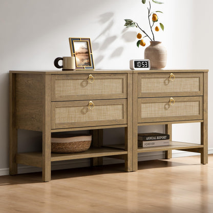 SICOTAS White Rattan Nightstand Set of 2, Wide Bedside Table with 2 Drawers