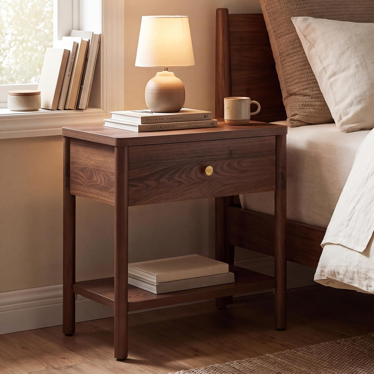 VividVibe End Table with Drawer, Brown Walnut Nightstands Set 2 Bedside Table Large Side Table Bedroom Solid Wood Legs, Mid Century Modern Accent Night Stand