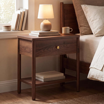 VividVibe End Table with Drawer, Brown Walnut Nightstands Set 2 Bedside Table Large Side Table Bedroom Solid Wood Legs, Mid Century Modern Accent Night Stand