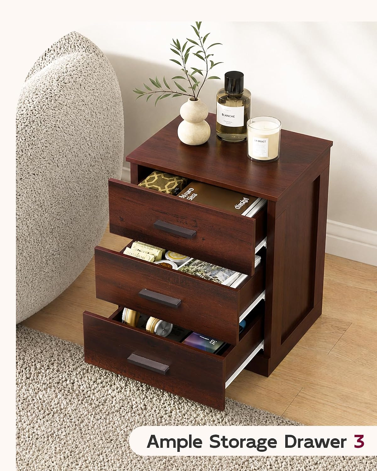 WLIVE Brown Nightstand with 3 Drawers, Wood Bedside Table with Large Top