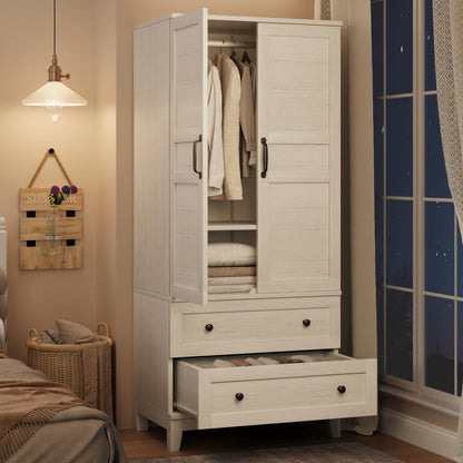 GarveeHome Armoire Wardrobe Closet with 2 Drawers,72 in Wooden Wardrobe Cabinet with Hanging Rod, Tall Clothing Armoire Cabinet with Doors and 18 Adjustable Shelves for Bedroom, Clothes, Rustic White
