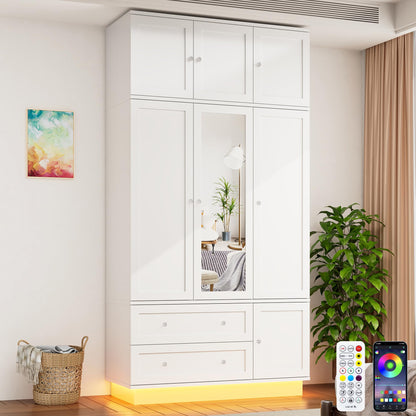92.2" Tall Armoire Wardrobe Closet with Mirror & Motion Sensor Light, Large Storage Cabinet with 2 Drawers, Hanging Rod & Adjustable LED Strip, Anti-Tipping Wood Bedroom Furniture, 47.4"L, White