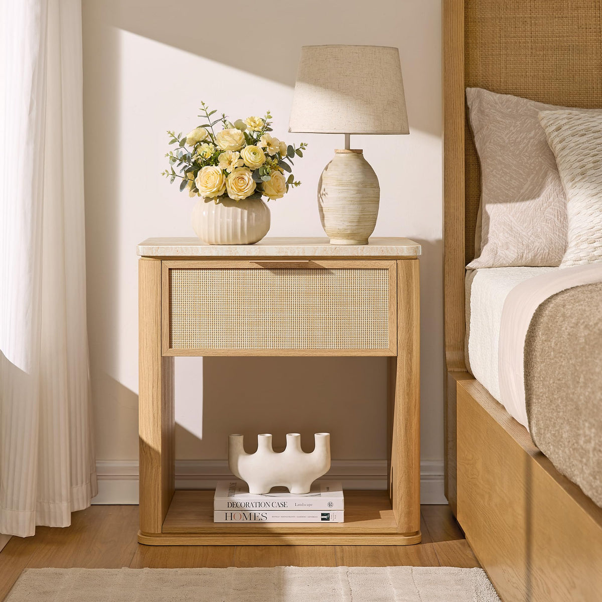 Night Stand Set 2, Rattan Nightstand with 2 Drawers
