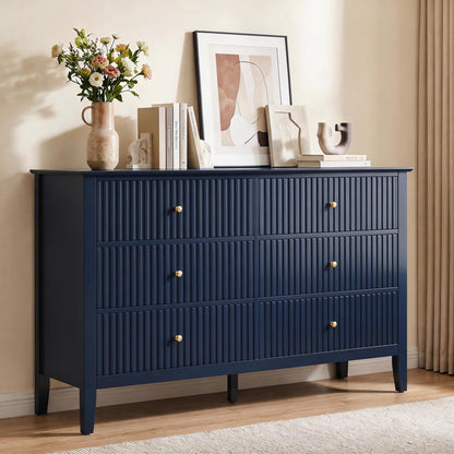 RoyalCraft 6 Drawer Dresser, Fluted Modern Wood Chest of Drawers, Long Dresser for Bedroom TV Stand Storage Cabinet for Living Room, Blue