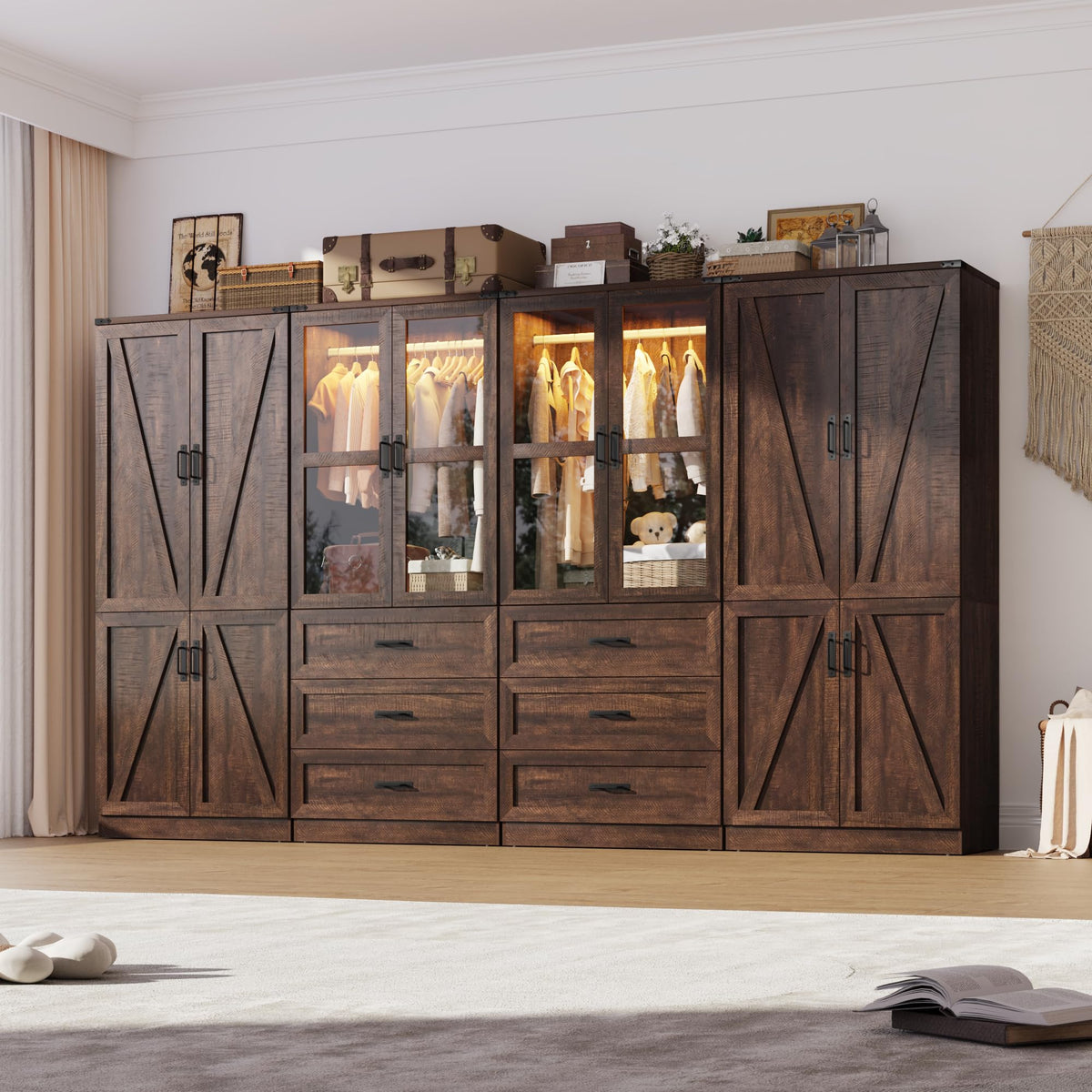 75" Tall Farmhouse 2 Doors Armoire Wardrobe Closet with 3 Drawers and LED,Freestanding Closet Wardrobe Cabinet for Bedroom with Hanging Rod,Wooden Armoire Storage Cabinet with Adjustable shelve(Black)