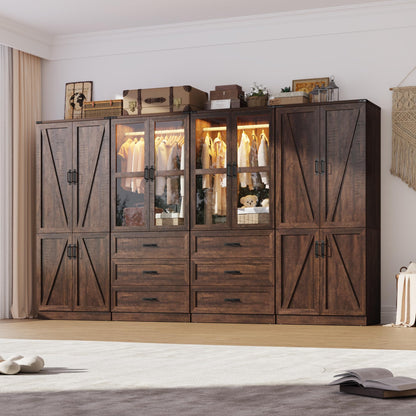 75" Tall Farmhouse 2 Doors Armoire Wardrobe Closet with 3 Drawers and LED,Freestanding Closet Wardrobe Cabinet for Bedroom with Hanging Rod,Wooden Armoire Storage Cabinet with Adjustable shelve(Black)