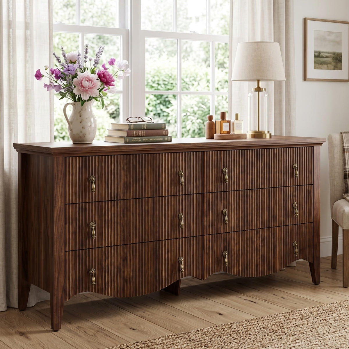 FUSUNBAO 5-Drawer 47" Tall Fluted Dresser, Vertical Chest of Drawers,Walnut