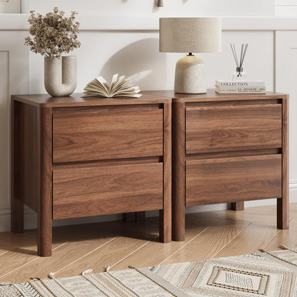 MAISONARIA Walnut Nightstands Set of 2, Mid Century Modern Bedside Table with Hidden Handles and Wood Legs, Wooden End Table with 2 Drawers for Bedroom