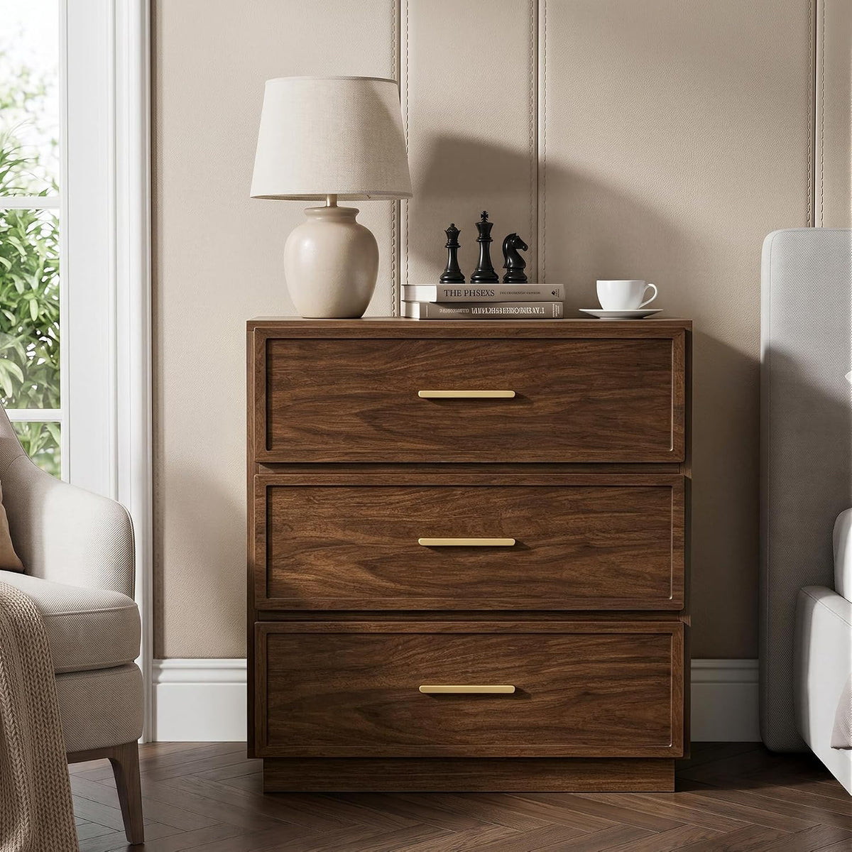 Nightstand Set of 2 Tall Bedside Table with 3 Drawers, Walnut